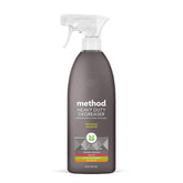 Method heavy duty degreaser bottle pour demonstrates grease cutting power in kitchen