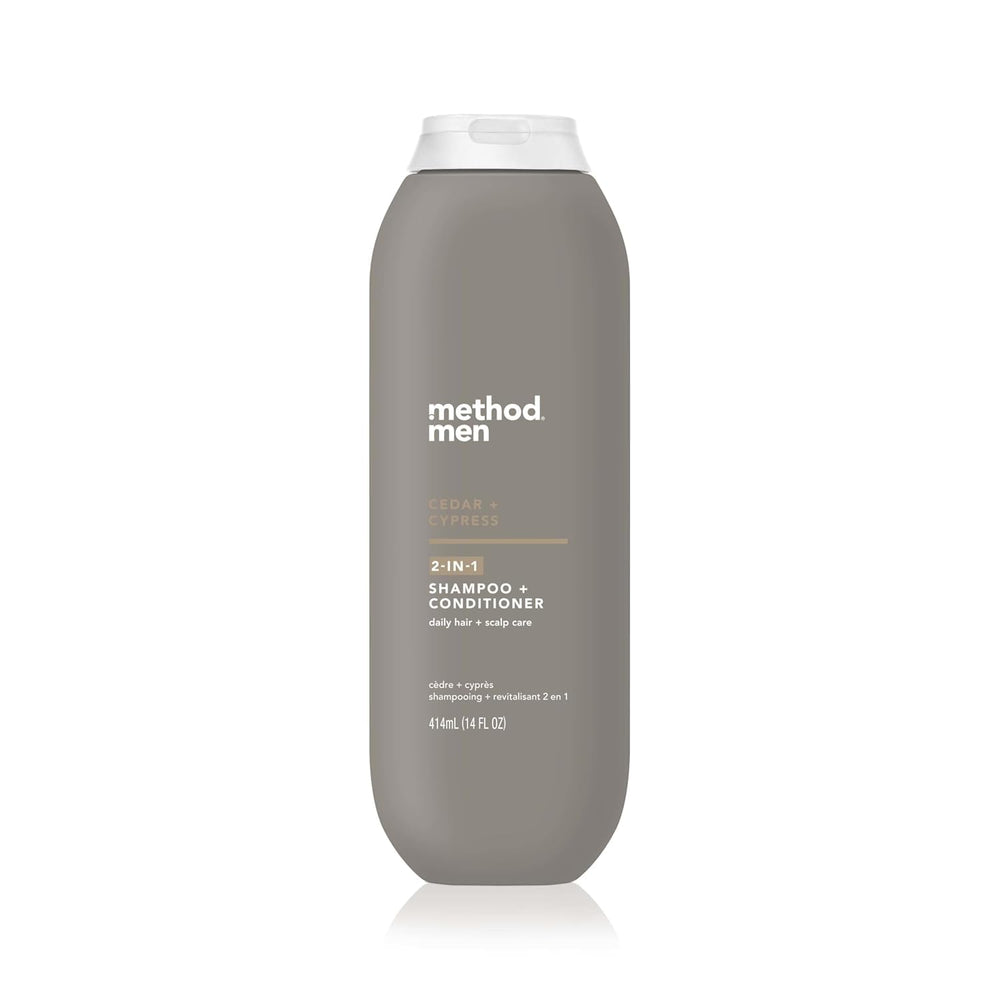 Method Men 2in1 cedar-cypress bottle front shows quick cleansing and conditioning