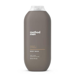 Method Men Cedar and Cypress bottle displays the woodsy scent for a quick, refreshing cleanse.