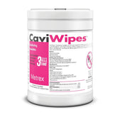 Metrex CaviWipes canister front view; fragrance-free surface sanitizer on demand.