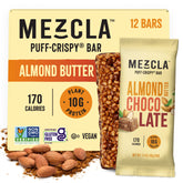 Mezcla Puff-Crispy Bar Almond Butter Chocolate pack, gluten-free vegan snack on the go.