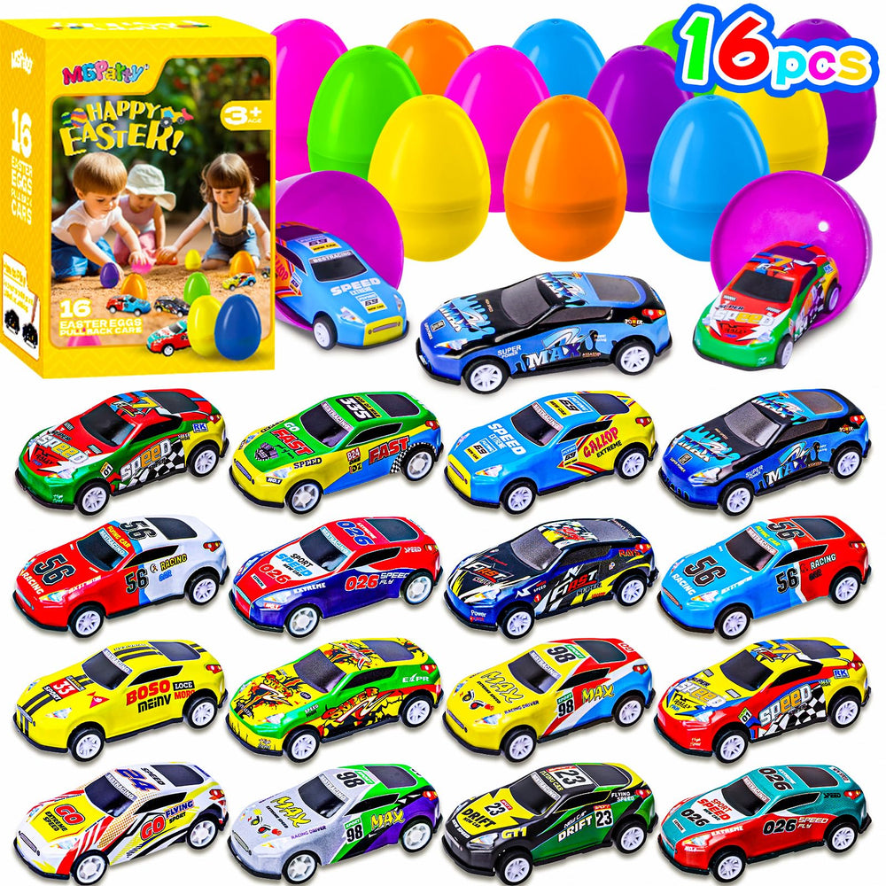 MGparty 16-piece Easter eggs with pull-back cars for engaging egg hunts