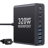 MGRNPONY 320W USB-C Charger Block front view highlights ten ports for versatile charging.