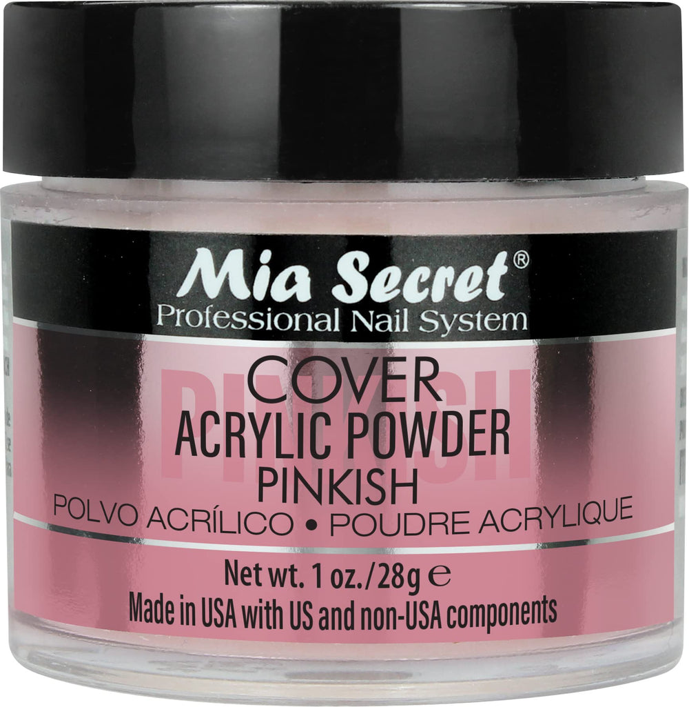 Mia Secret Cover Pinkish acrylic powder bottle shows creamy consistency for precise application.