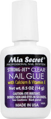 Mia Secret Strong-Jet bottle closeup shows rapid-dry bond for faster nails.