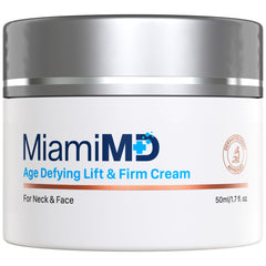 MiamiMD Age-Defying Lift & Firm Cream bottle close-up showing hydration-ready texture.
