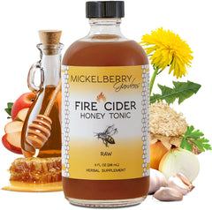 Mickelberry Gardens Fire Cider bottle pour showing spicy digestive boost.