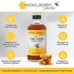 Mickelberry Gardens Fire Cider bottle featuring turmeric, ginger, and dandelion ingredients visible.