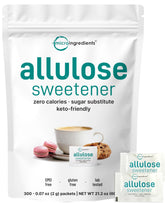 Micro Ingredients allulose packets on pantry shelf, zero calories, versatile sweetener.