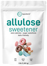 Micro Ingredients allulose powder in a jar showing zero calorie sweetness for baking and beverages.