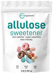 Micro Ingredients allulose powder in a jar showing zero calorie sweetness for baking and beverages.