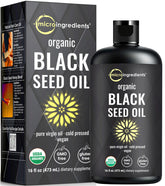 Micro Ingredients Black Seed Oil bottle on counter, ideal for culinary use.