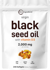 Micro Ingredients Black Seed Oil with D3 softgels bottle for daily use.