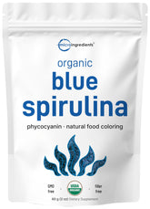 Micro Ingredients blue spirulina powder packaging closeup highlighting premium color.