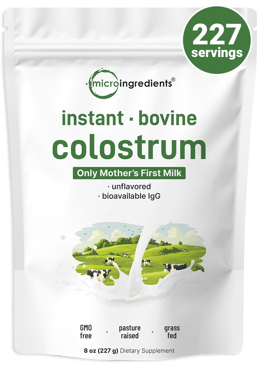 Micro Ingredients bovine colostrum powder 8oz pouch on shelf, convenient daily supplement.