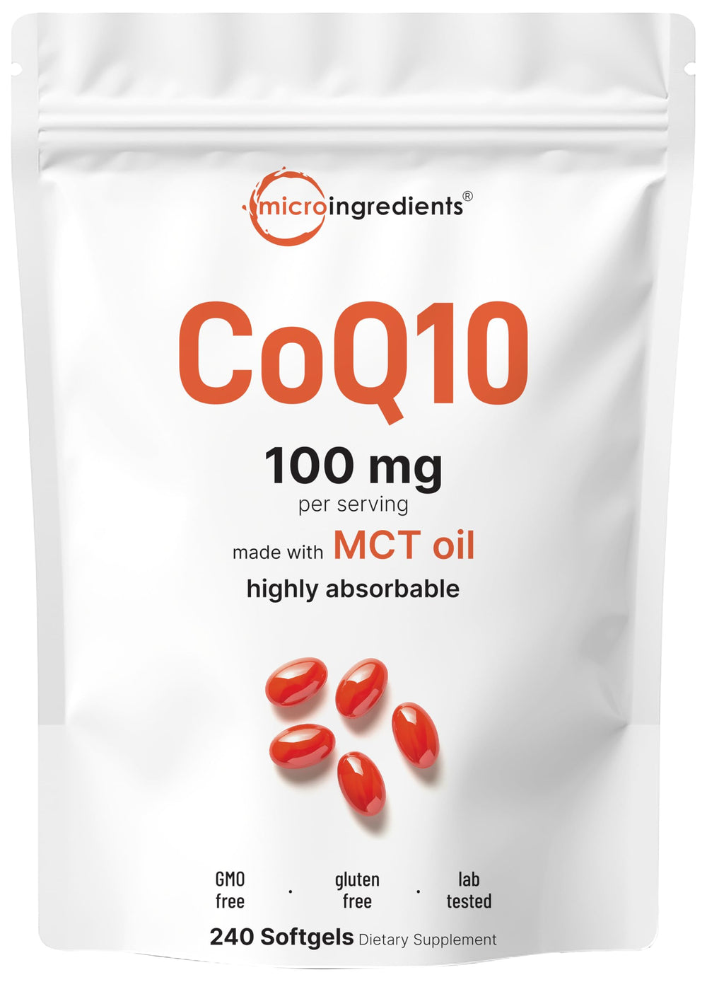 Micro Ingredients CoQ10 softgels bottle shows easy daily energy support.