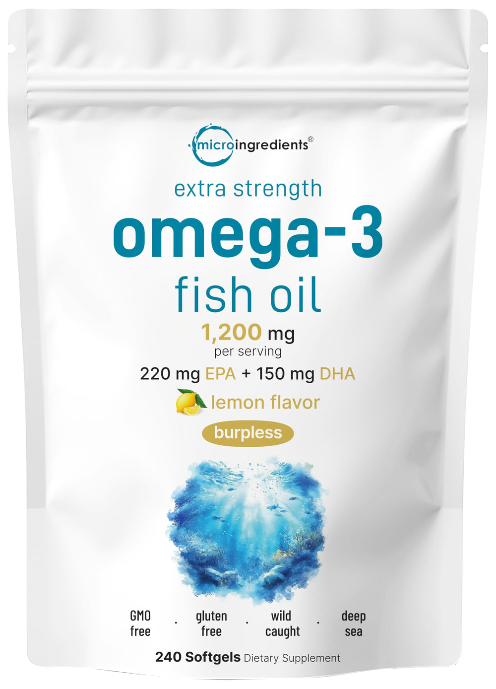 Micro Ingredients omega-3 bottle with extra strength softgels for daily wellness.