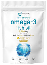 Micro Ingredients omega-3 bottle with extra strength softgels for daily wellness.