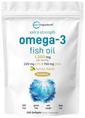 Micro Ingredients omega-3 bottle with extra strength softgels for daily wellness.