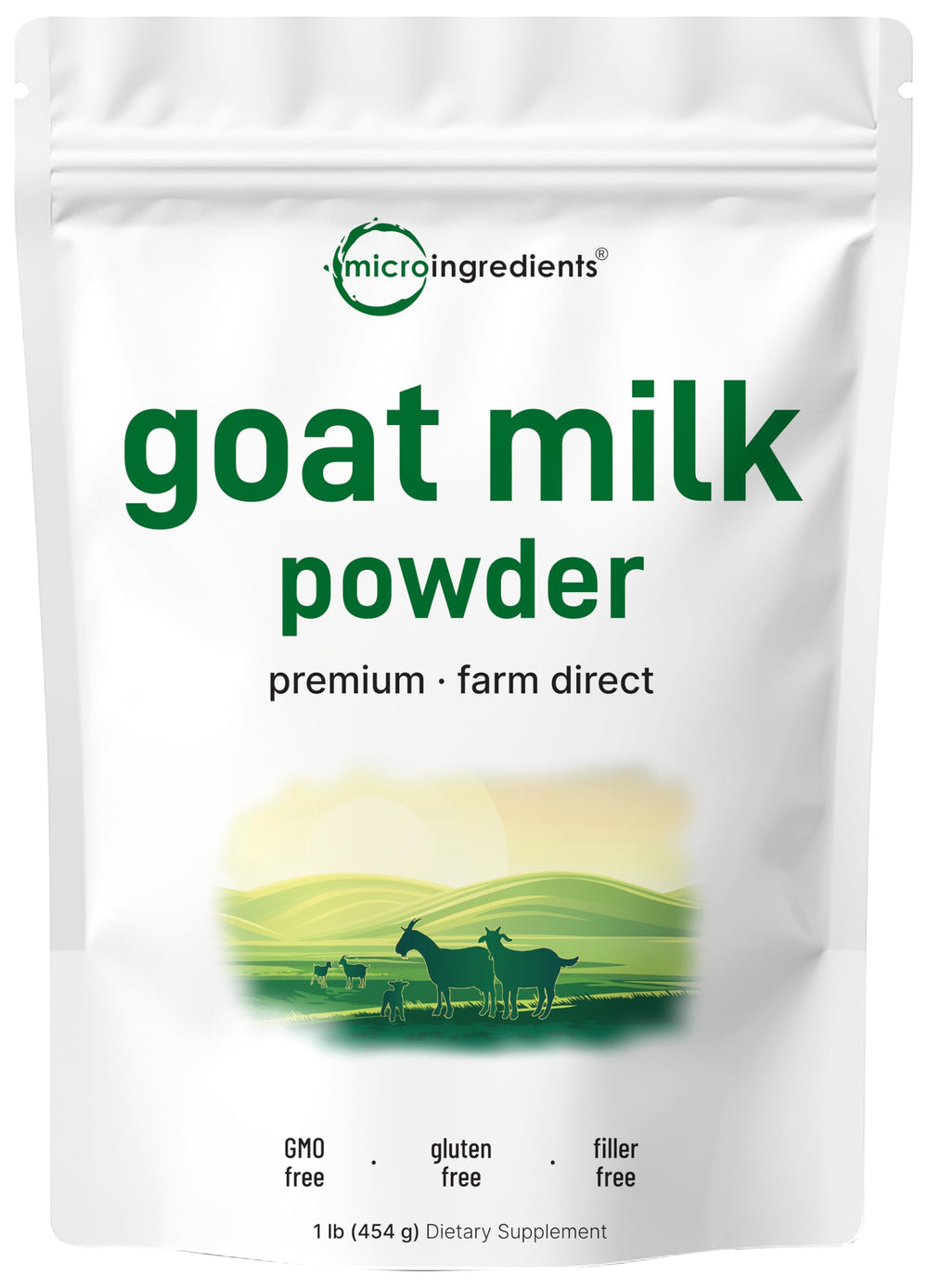 Micro Ingredients Goat Milk Powder packaging from Australia, grass-fed source for high-quality nutrition.