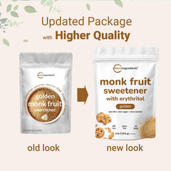 Golden Monk Fruit Sweetener granules on spoon illustrating granulated texture