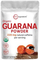 Micro Ingredients Organic Guarana Powder bag close-up signaling a natural energy boost.