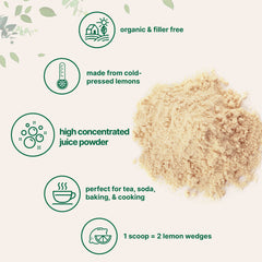 Micro Ingredients Lemon Juice Powder label close-up shows no GMOs or additives.