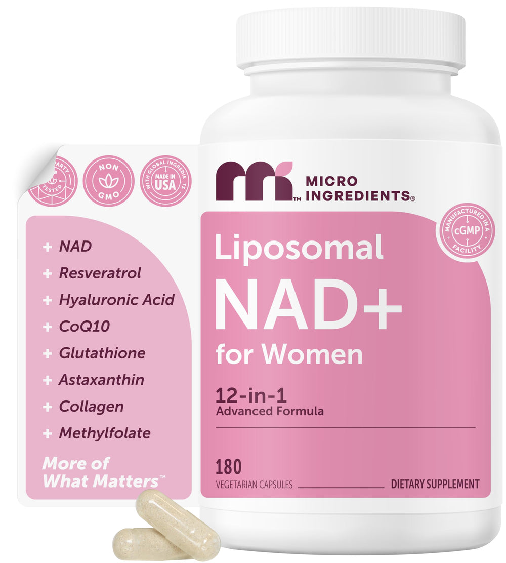 Micro Ingredients Liposomal NAD+ for Women bottle-front illustrates a convenient daily wellness routine.