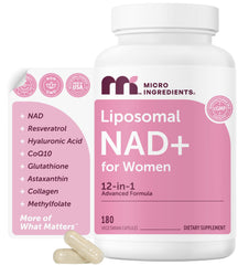 Micro Ingredients Liposomal NAD+ for Women bottle-front illustrates a convenient daily wellness routine.