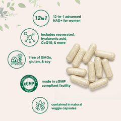Micro Ingredients Liposomal NAD+ for Women ingredients-panel lists coenzymes and botanicals.