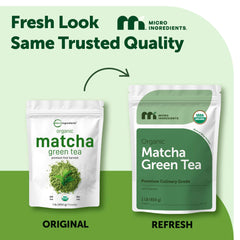 Micro Ingredients matcha jar on shelf, culinary grade quality for smoothies and lattes.