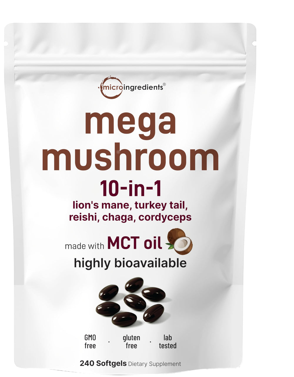 Micro Ingredients Mega Mushroom softgels bottle for convenient daily supplementation.