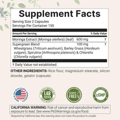 Close-up of Moringa Oleifera capsules with supergreens blend