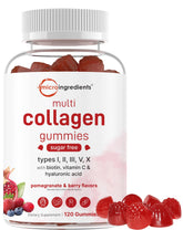 Micro Ingredients multi collagen gummies bottle promotes healthy hair and radiant skin