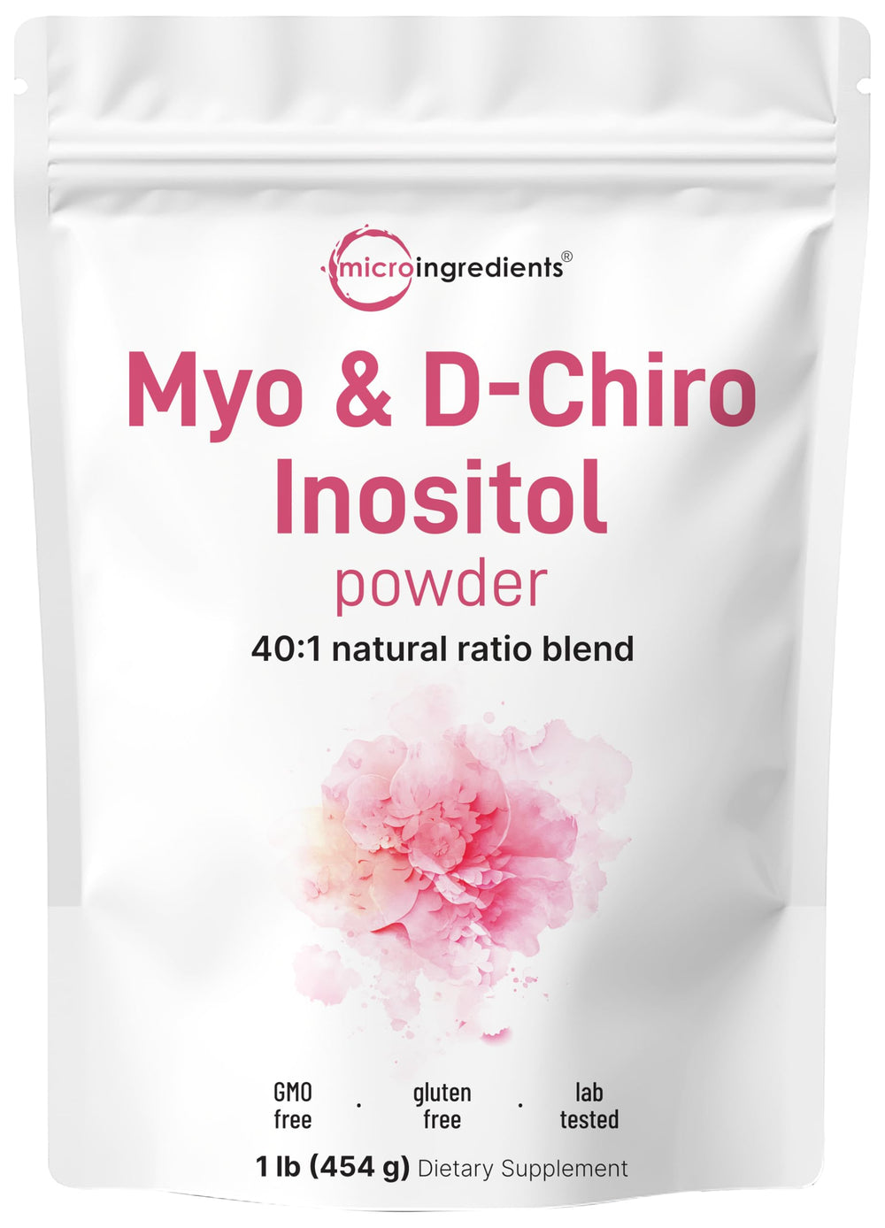 Micro Ingredients Myo-Inositol & D-Chiro Inositol powder in 1 lb tub for daily hormonal support.