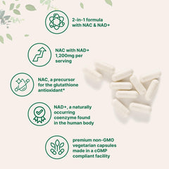 Close-up of NAC with NAD+ capsules inside the bottle for easy use.