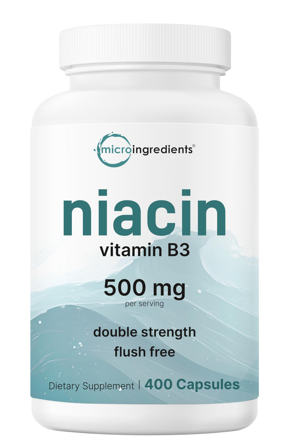 Micro Ingredients Niacin 500mg bottle front, bulk supply for energy support.