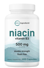 Micro Ingredients Niacin 500mg bottle front, bulk supply for energy support.