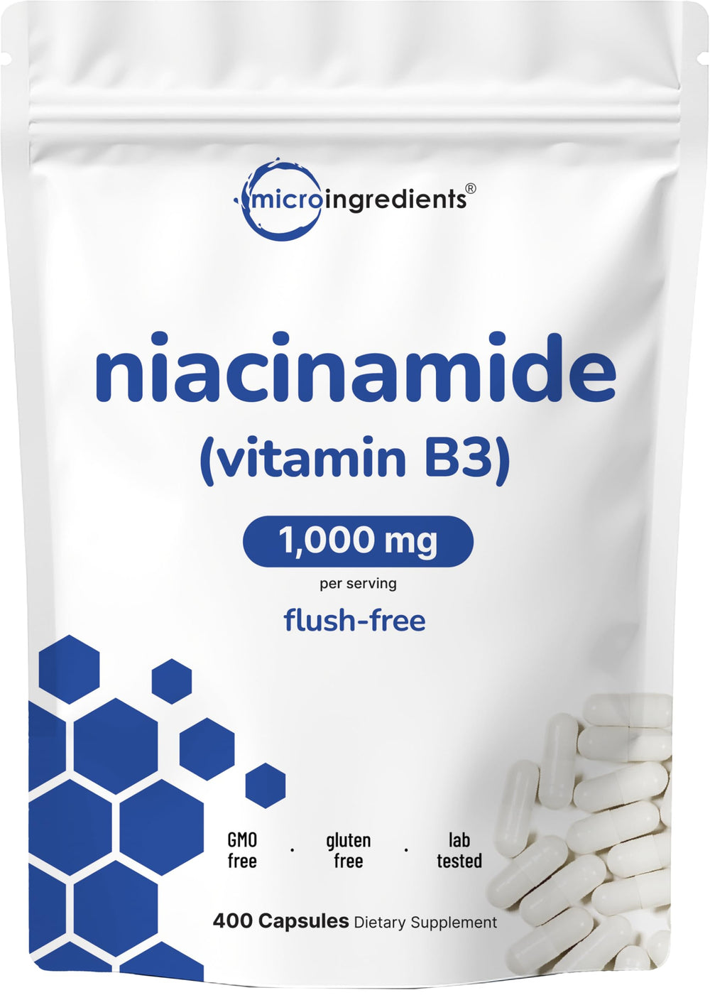 Micro Ingredients Niacinamide 500mg capsules close-up for daily energy support.