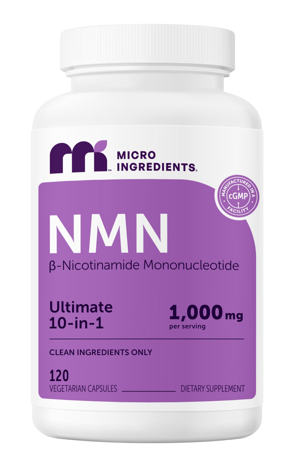Micro Ingredients NMN Complex capsules bottle shows 60 servings for daily NAD+ precursor support
