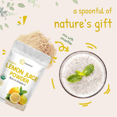 Micro Ingredients Lemon Juice Powder bottle highlights vegan-friendly, clean ingredients.