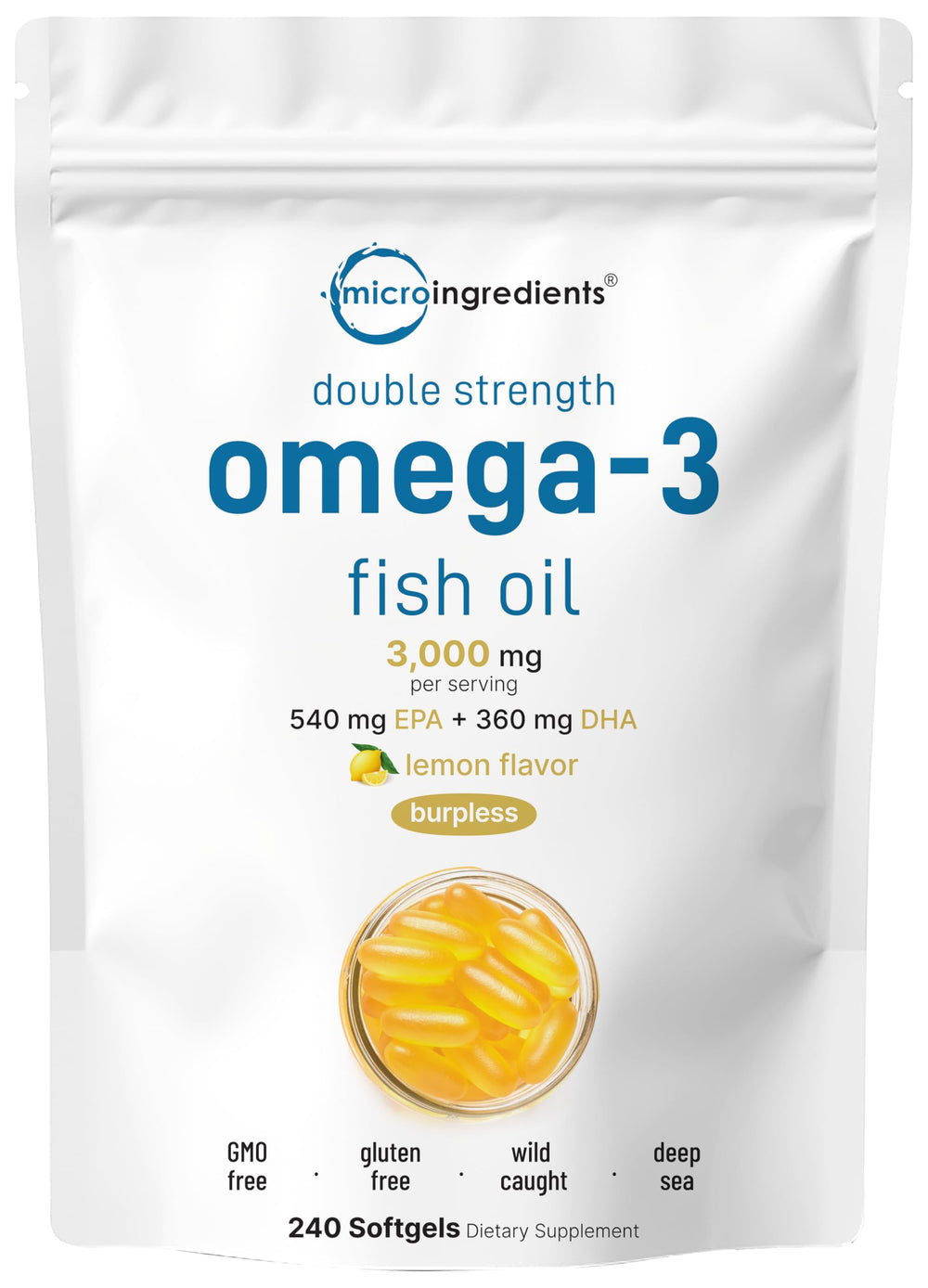 Micro Ingredients omega-3 lemon softgels bottle for daily omega-3 intake with pleasant flavor