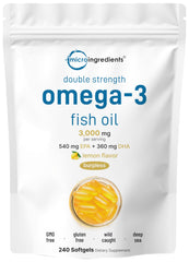 Micro Ingredients omega-3 lemon softgels bottle for daily omega-3 intake with pleasant flavor
