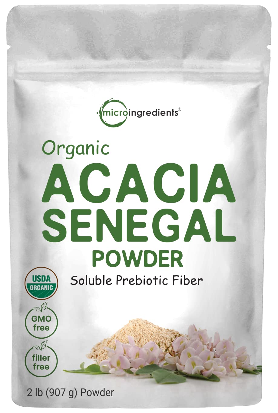 Micro Ingredients Organic Acacia Senegal fiber powder tub for daily fiber support.