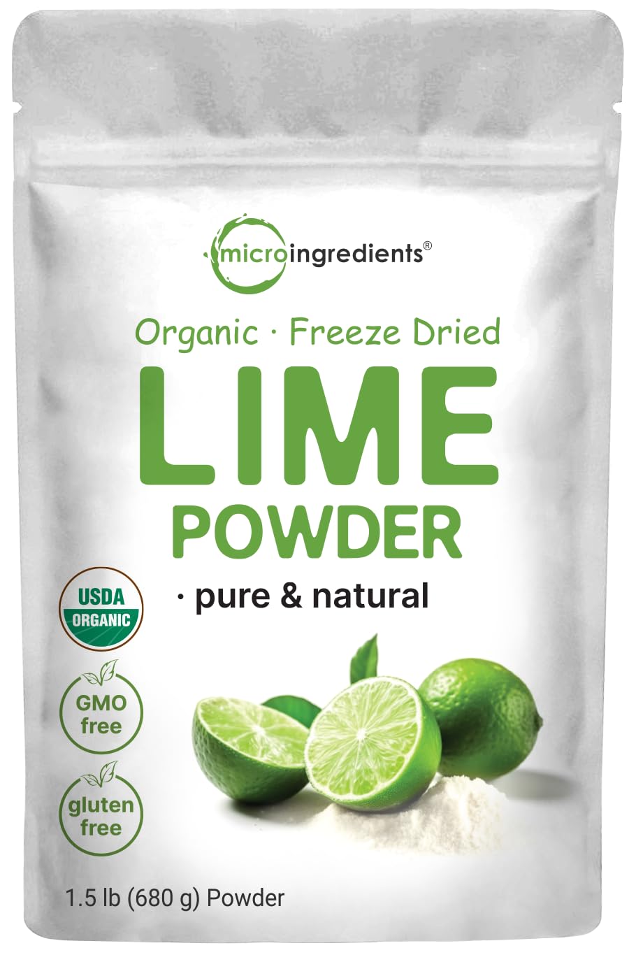 Micro Ingredients organic freeze-dried lime powder bag showcases real lime flavor for beverages