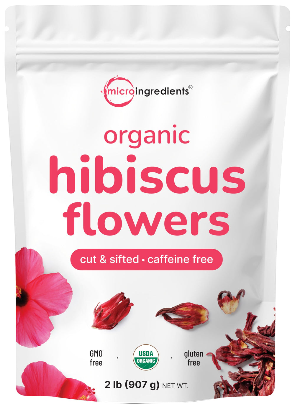 Micro Ingredients Organic Hibiscus Flowers in loose-leaf form for refreshing tea.