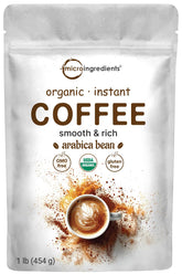 Micro Ingredients organic instant coffee 1lb pouch offers quick, smooth Arabica flavor.
