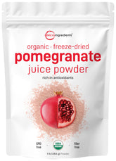 Micro Ingredients Organic Pomegranate Juice Powder bottle highlights antioxidant-rich flavor for smoothies.