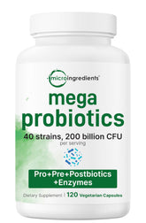 Micro Ingredients Probiotics bottle shows 200B CFU potency for gut support.