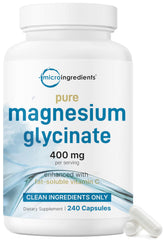 Micro Ingredients magnesium glycinate bottle shows 400 mg per serving, chelated for gentle delivery